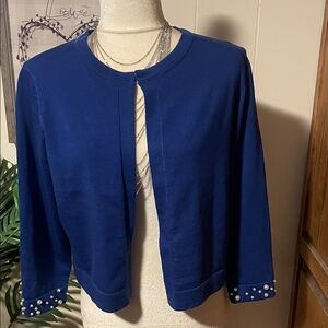 Nina Leonard Blue Cardigan with Pearl Accents